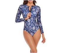 Mrat Swimsuits for Women One-Piece Swimming Costume Long Sleeve Tropical Floral Print Zipper Front Rash Guard Bathing Suit Beachwear Surf Bathing Modest Swimwear Tummy Control Sportswear