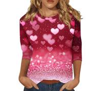 Mrat Valentine's Day Tops for Women Love Heart Printed Shirts Pullover Sparkly Crewneck 3/4 Sleeve Shirt Ladies Going Out Top Shiny Funny Pattern Blouses UK Top Loose Fit Plus Size Women Tee Clearance