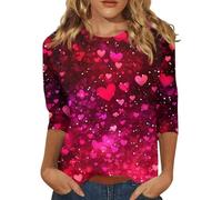 Mrat Valentine's Day Tops for Women Love Heart Printed Shirts Pullover Sparkly Crewneck 3/4 Sleeve Shirt Ladies Going Out Top Shiny Funny Pattern Blouses UK Top Loose Fit Plus Size Women Tee Clearance