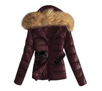 Mrat Winter Coats For Women UK Faux Fur Hooded Puffer Down Coat with Belt Shiny Slim Fit Jacket Lightweight Soft Cotton Padded Jacket Warm Casual Short Coat Long Sleeve Zip Up Jacket Outdoor Clearance