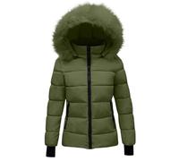 Mrat Winter Coats for Women Uk Quilted Lightweight Puffer Jacket Faux Far Hood Jacket Casual Full Zip Plush Overcome Warm Outdoor Parka Coat Ladies Padded Down Elegant Solid Overcoat