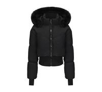 Mrat Women Cropped Puffer Jacket, Winter Warm Quilted Padded Down Coat with Thumb Hole, Ladies Slim Fit Full Zip Up Jackets, Faux Fur Hood Waterproof Lightweight Short Coats, Solid Color Outerwear