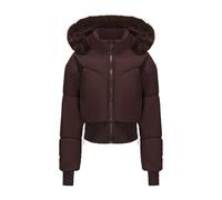 Mrat Women Cropped Puffer Jacket, Winter Warm Quilted Padded Down Coat with Thumb Hole, Ladies Slim Fit Full Zip Up Jackets, Faux Fur Hood Waterproof Lightweight Short Coats, Solid Color Outerwear