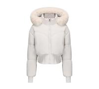 Mrat Women Cropped Puffer Jacket, Winter Warm Quilted Padded Down Coat with Thumb Hole, Ladies Slim Fit Full Zip Up Jackets, Faux Fur Hood Waterproof Lightweight Short Coats, Solid Color Outerwear