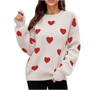 Mrat Women Heart Print Sweater Valentine's Day Romantic Oversized Slouchy Jumper Plus Size Knit Pullover Ladies Elegant Crew Neck Sweatshirts Long Sleeve Casual Sweater Warm Soft Comfy Jumpers