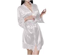 Mrat Women Kimono Robes Satin Dressing Gown Solid Color Sleep Lounge Nightwear Short Silk Bride Bridesmaid Robe Ladies Wedding Party Sleepwear V-Neck Pyjamas Lace Trim Sexy Soft Nightgown S-XXL