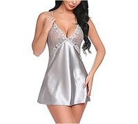 Mrat Women Lace Lingerie Satin Silk Nightdress Front Closure Babydoll V Neck Nightwear Mini Teddy Sexy Chemise Nightie Nightwear Sleepwear Spaghetti Strap Mesh Nightgown Ladies Soft Comfy Pajama Gray