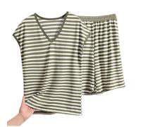 Mrat Women Pyjamas Set 2 Pieces Striped Outfits Cap Sleeve Sleepwear Summer Shirts Tops Wide Leg Shorts With Pockets Pants Nightwear PJ Set Modal Comfy Soft Loungewear Homewear Sleepwear