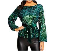 Mrat Women’s Sequin Tops Sparkly Clubwear Shirts Long Sleeve V-Neck Smocked Waist Peplum Blouse with Belt Glitter Loose Fit Casual Shirts Ladies Elegant Tunic Top Sexy Pullover Top Cocktail Party