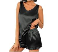 Mrat Women Satin Pyjamas Sets 2 Piece Lounge Sets Silk Soft Sleeveless V Neck Tank Tops Elastic Waist Ruffle Shorts Summer Cami Pjs Set Ladies Lingerie Sleepwear Loungewear Nightwear Uk Size S-2XL