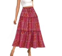 Mrat Women Skirts Elastic High Waist Maxi Skirts Bohe Floral Print Vintage Midi Skirt Ladies Elegant Pleated A-Line Flowy Beach Skirt Summer Layered Long Dresses Gypsy Party Holiday UK S-5XL