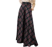 Mrat Women Skirts Plaid Ruffled Pleated Maxi Skirt Holiday High-Rise Waist Long Skirt Tartan Elastic Waist A-Line Gypsy Skirts Vintage RARA Flared Skater Knee Length Midi Swing Dress UK s