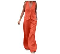 Mrat Women Suits 2 Piece Set Cotton Linen SleevelessTunic Tops Vest Waistcoat Wide Leg Pants Trousers Elegant Blazer Summer Matching Sets Ladies Solid Casual Outfit Work Office Business