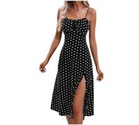 Mrat Women Summer Casual Dress Milkmaid Dress Sleeveless Split Midi Boho Beach A-Line Spaghetti Strap Square Neck Comfy Ladies Polka Dot Print Long Maxi Tank Top Going Out