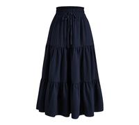 Mrat Women Summer Maxi Skirt Ruched Elastic High Waist Skirts Ladies Elegant Floral Print Skirts Casual Ruffle Flowy Swing Tiered Pleated A-Line Skirt Drawstring Loose Long Dress Pockets Party