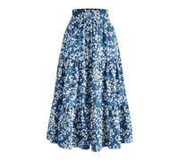 Mrat Women Summer Maxi Skirt Ruched Elastic High Waist Skirts Ladies Elegant Floral Print Skirts Casual Ruffle Flowy Swing Tiered Pleated A-Line Skirt Drawstring Loose Long Dress Pockets Party