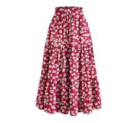 Mrat Women Summer Maxi Skirt Ruched Elastic Waist Skirts Ladies Elegant Floral Print Skirts Casual Ruffle Flowy Swing Tiered Pleated A-Line Skirt Drawstring Long Dress Pockets Party s