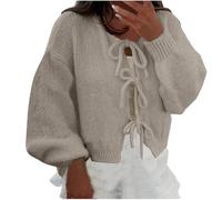 Mrat Women Tie Front Knitted Cardigan Y2k Oversized Sweater Coat Solid Color V-Neck Jumper Long Puff Sleeve Loose Knitwear Cardigan Open Front Comfy Soft Lightweight Tops Outwear Winter Warm