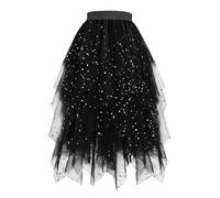 Mrat Women Tulle Midi Skirts Sparkly Star Sequin Prom Homecoming Party Long Skirt Mesh Elastic High Waist A Line Skirt Hem Irregular Layered Y2k Skirts Elegant Vintage Petticoat Wedding Ballet Dance