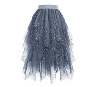 Mrat Women Tulle Midi Skirts Sparkly Star Sequin Prom Homecoming Party Long Skirt Mesh Elastic High Waist A Line Skirt Hem Irregular Layered Y2k Skirts Elegant Vintage Petticoat Wedding Ballet Dance