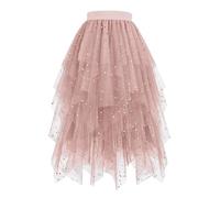 Mrat Women Tulle Midi Skirts Sparkly Star Sequin Prom Homecoming Party Long Skirt Mesh Elastic High Waist A Line Skirt Hem Irregular Layered Y2k Skirts Elegant Vintage Petticoat Wedding Ballet Dance