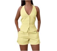Mrat Womens 2 Piece Outfits Sleeveless Halter V Neck Button Up Tank Tops and Bottoms Shorts with Pockets Co Ord Set Ladies Elegant Waistcoat Vest Trousers Suits Business Work Office Going Out Wedding