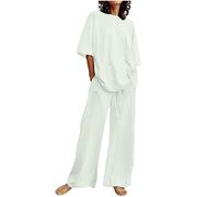 Mrat Womens 2 Piece Tracksuit Lounge Wear Fashion Leisure Wear Short Sleeve Tops and Long Sweatpants With Pockets Plain Cotton Linen Outfits Summer Longwear Tracksuit UK Plus Size 8-22 White 5XL