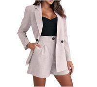 Mrat Women's 2 Pieces Blazers Set Cotton Trouser Suit Ladies Long Sleeve Open Front Blazer Tailored Jacket and Shorts with Button Formal Work Office Business Co Ord Sets Solid Color Wedding Guests
