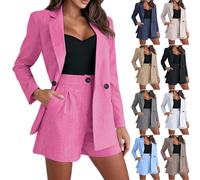 Mrat Women's 2 Pieces Blazers Set Cotton Trouser Suit Ladies Long Sleeve Open Front Blazer Tailored Jacket and Shorts with Button Formal Work Office Business Co Ord Sets Solid Color Wedding Guests