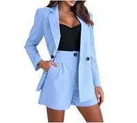 Mrat Women's 2 Pieces Blazers Set Cotton Trouser Suit Ladies Long Sleeve Open Front Blazer Tailored Jacket and Shorts with Button Formal Work Office Business Co Ord Sets Solid Color Wedding Guests