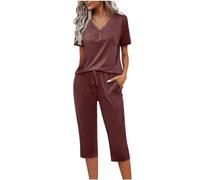 Mrat Women's Bamboo Pajamas Set Two Piece Outfits Short Sleeve V Neck Tops T Shirts Loose Wide Leg Cropped Capri Pants Trousers with Pockets Sets Ladies Sleepwear Comfy Lounge Sets Matching Outfits