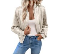 Mrat Women's Bomber Jackets Metallic Sparkly Flight Jackets Long Sleeve Zip Up Coats Ladies Lightweight Biker Jacket Glitter Club Party Festival Baseball Jacket Shiny Look Tops Wedding Dance Going Out