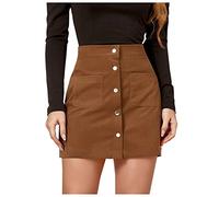 Mrat Women's Brown-1 Corduroy High Waist L Mini Skirt, Cotton/100%, Spring/Summer, Casual, Social, Professional, Boho, High Rise, Button, Regular Fit, US L, 30-32 Waist, XL, No Pockets