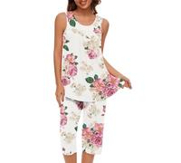 Mrat Women's Capri Pajama Sets Floral Print Sleeveless Sleepwear Top Capri Pants 2 Piece Loungewear Pjs Sets Co Ood Ladies Round Neck Nightwear Tank Vest Comfy Soft Pj Homewear Plus Size