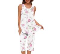 Mrat Women's Capri Pajama Sets Floral Print Sleeveless Sleepwear Top Capri Pants 2 Piece Loungewear Pjs Sets Co Ood Ladies Round Neck Nightwear Tank Vest Comfy Soft Pj Homewear Plus Size