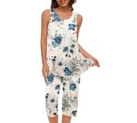 Mrat Women's Capri Pajama Sets Floral Print Sleeveless Sleepwear Top Capri Pants 2 Piece Loungewear Pjs Sets Co Ood Ladies Round Neck Nightwear Tank Vest Comfy Soft Pj Homewear Plus Size