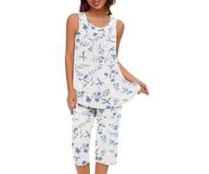 Mrat Women's Capri Pajama Sets Floral Print Sleeveless Sleepwear Top Capri Pants 2 Piece Loungewear Pjs Sets Co Ood Ladies Round Neck Nightwear Tank Vest Comfy Soft Pj Homewear Plus Size