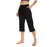 Mrat Women's Capri Pants 3/4 Length Trousers Cropped Joggers Sweatpants Soft Sports Running Gym Yoga Fitness Tracksuit Bottoms with Pockets Ladies Loose Fit Pant Straight Wide Leg Pant Stretch Bottom