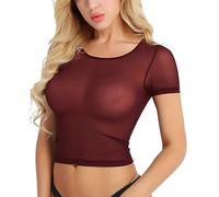 Mrat Women's Casual Mesh Crop Tops Sexy See Through Transparent Sheer T Shirt Short Sleeve Blouse Vest Summer Round Neck Lace Tops Slim Fit Lingerie Solid Temptation Dance- Crop Tee Clubwear Party