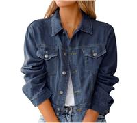 Mrat Women's Denim Jacket Ladies Vintage Short Jean Crop Button Jacket Y2K Aesthetic Top Casual Slim Fit Streetwear Lightweight Stretchy Trucker Jackets Pockets Coat 8 10 12 14 16 18 s