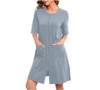 Mrat Womens Dressing Gown Short Bathrobes Women Zipper Front Lightweight Robes for Women 3/4 Sleeve Soft Sleepwear Pockets Housecoat Plus Size Nightdress Terry Towelling Bath Robes Nightwear Homewear