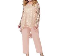 Mrat Women's Elegant Evening Suit Sets Lace Embroidery Plus Size 2-Piece Set Cocktail Party Festive Trouser Suit Mother of The Bride Pants Suits Long Sleeve Tunic Tops + Wide Leg Bottoms M-5XL