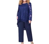 Mrat Women's Elegant Evening Suit Sets Lace Embroidery Plus Size 2-Piece Set Cocktail Party Festive Trouser Suit Mother of The Bride Pants Suits Long Sleeve Tunic Tops + Wide Leg Bottoms M-5XL