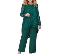 Mrat Women's Elegant Evening Suit Sets Lace Embroidery Plus Size 2-Piece Set Cocktail Party Festive Trouser Suit Mother of The Bride Pants Suits Long Sleeve Tunic Tops + Wide Leg Bottoms M-5XL