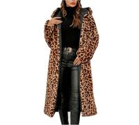 Mrat Women's Faux Fur Coat Leopard Print Long Coat Winter Warm Open Front Jacket Oversized Fleeced Lined Jacket with Hooded Ladies Outdoor Windbreak Trench Coats Fluffy Fuzzy Teddy Maxi Overcoat Sale