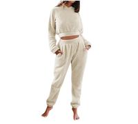 Mrat Women's Flannel Fleece Pajamas Set Long Sleeve Hooded Cropped Sweatshirt Elastic Sweatpants Sleepwear Soft Pjs Set Winter Warm 2 Piece Pj Fuzzy Cosy Homewear Thermal Casual Loose
