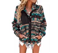 Mrat Womens Fleece Jacket Western Aztec Print Shacket Long Sleeve Snap Button Down Shacket Jackets with Pockets Retro Vintage Ethnic Teddy Fleece Jackets Loose Casual Christmas