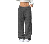 Mrat Women's Fleece Pants Pyjama Bottoms Fluffy Loungewear Drawstring Plush Pjs Trousers with Pockets Ladies Winter Warm Sweatpants Tracksuit Elastic Waist Wide Leg Joggers Baggy Casual Loose Fit Pant