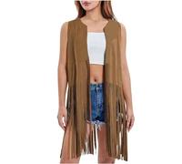 Mrat Women's Fringe Vest 70s Hippie Faux Suede Sleeveless Costume Jacket Tassels Open Front Vest Cardigans Irregular Hem Western Jacket Cowgirl Solid Coat Plus Size Party Club Festival Outfits