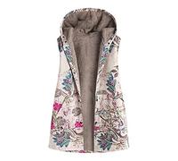 Mrat Womens Hooded Gilet Floral Print Fleece Lined Jacket Polar Fleece Vest Lightweight Vintage Body Warmer Coat Windproof Sleeveless Winter Gilets Comfy Sherpa Padded Quilted Jacket Outwear